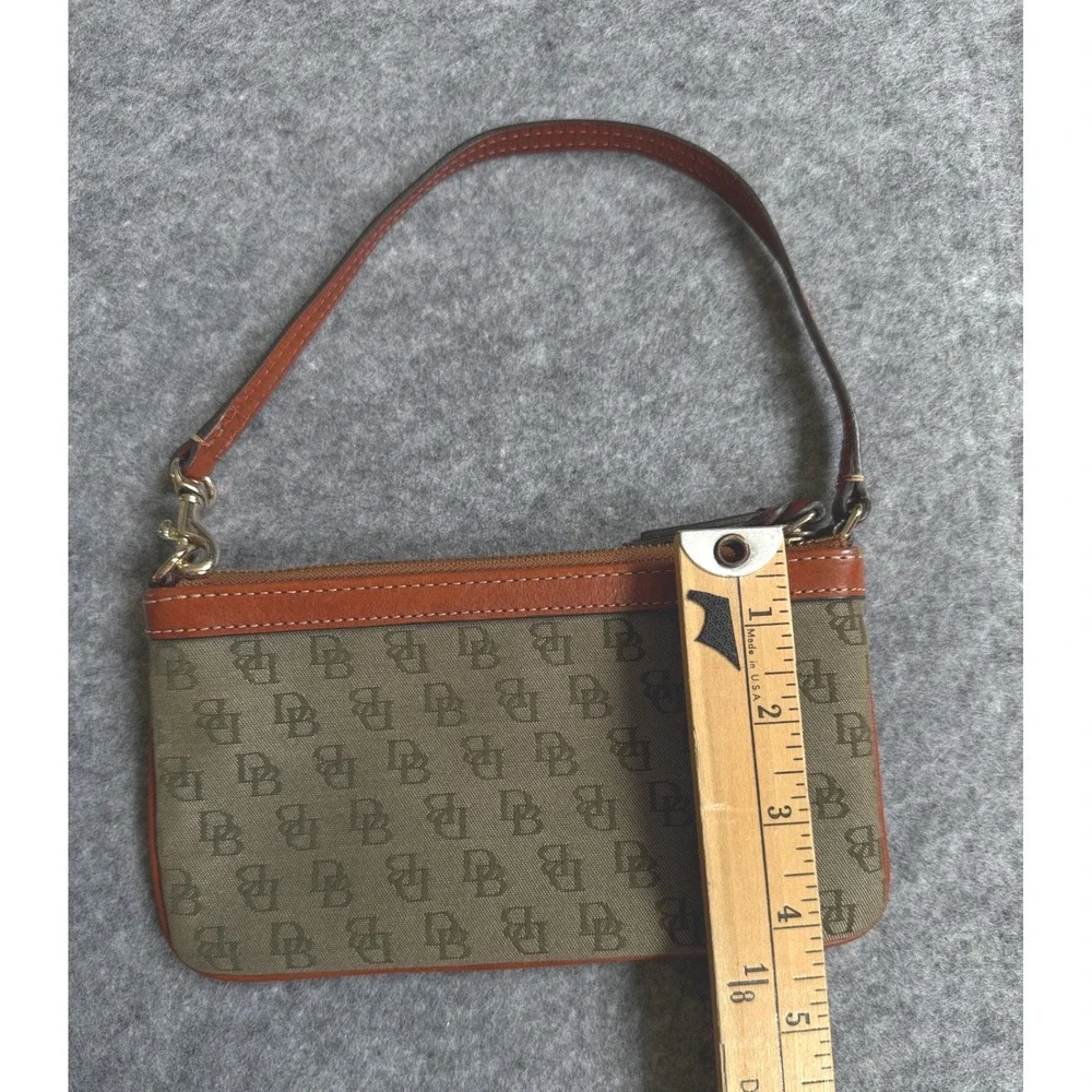 Dooney & Bourke Signature DB Logo Canvas Leather Wrislet Clutch Brown